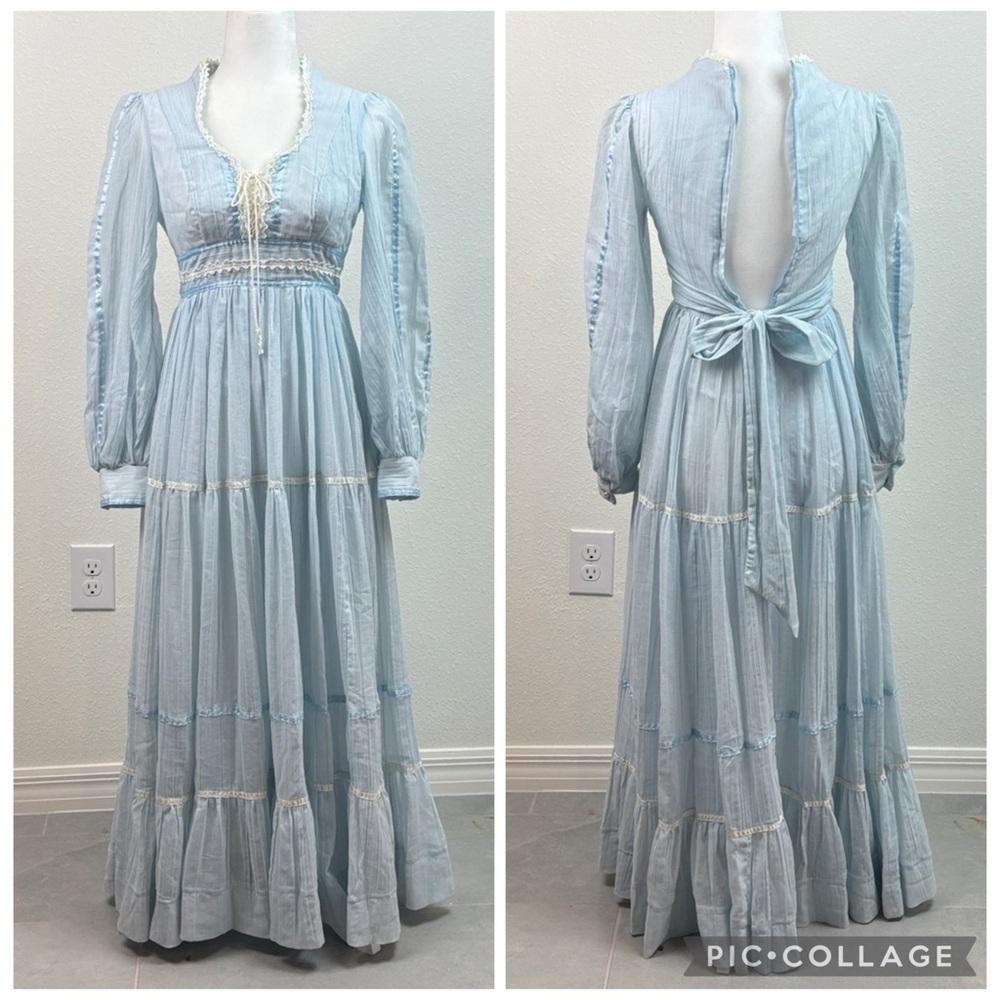 70s Gunne Sax Vintage sz 5, Light Blue Long Sleeve Victorian Gauze Dress fits XS